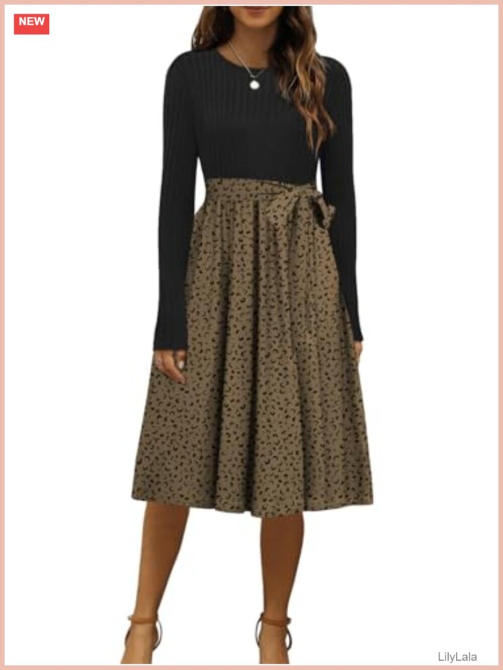 Ribbed Knit Sweater Dress A-Line Midi Long Sleeve Pull On Pockets
